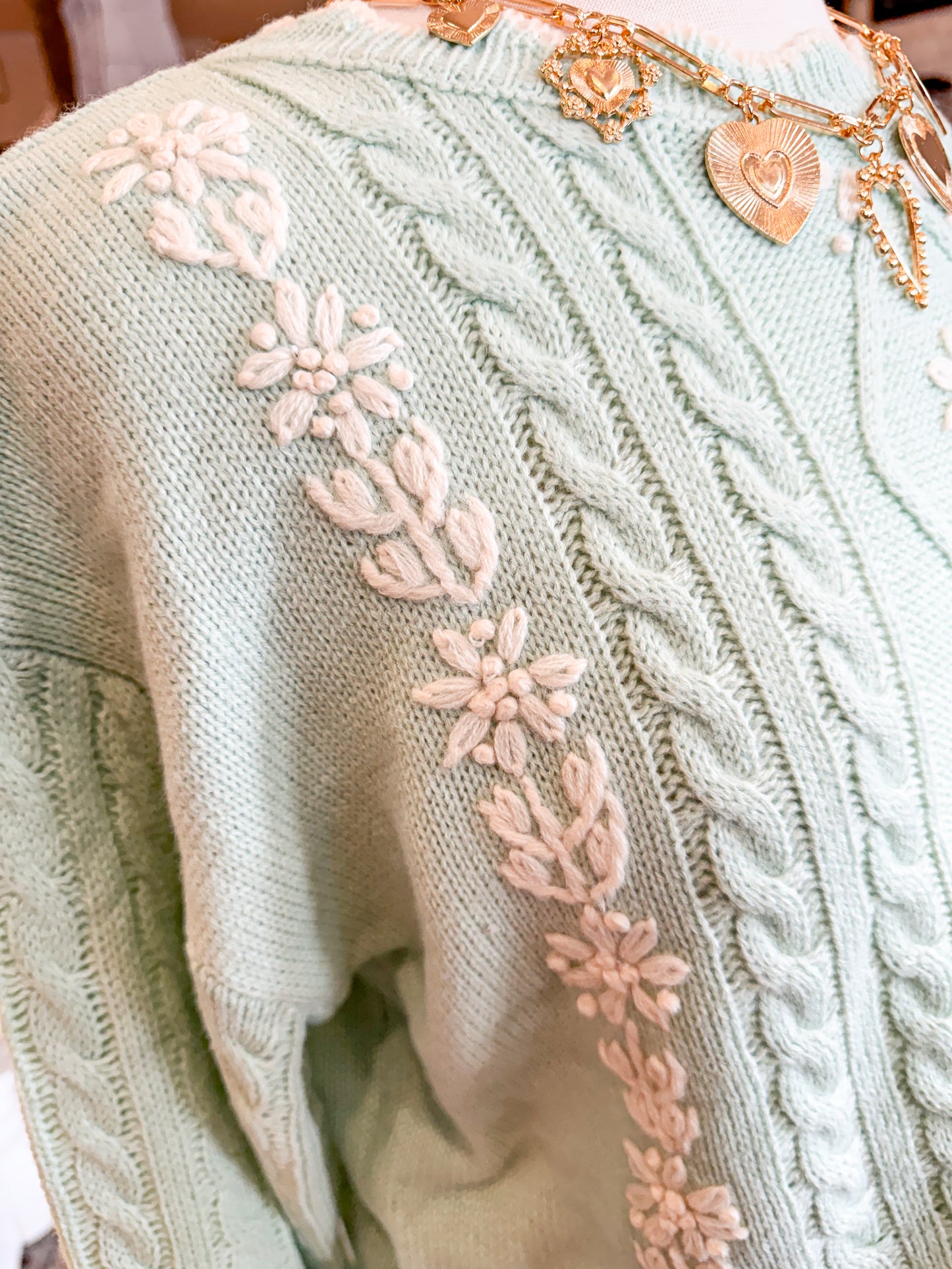 Floral Embroidered Cable Knit Sweater