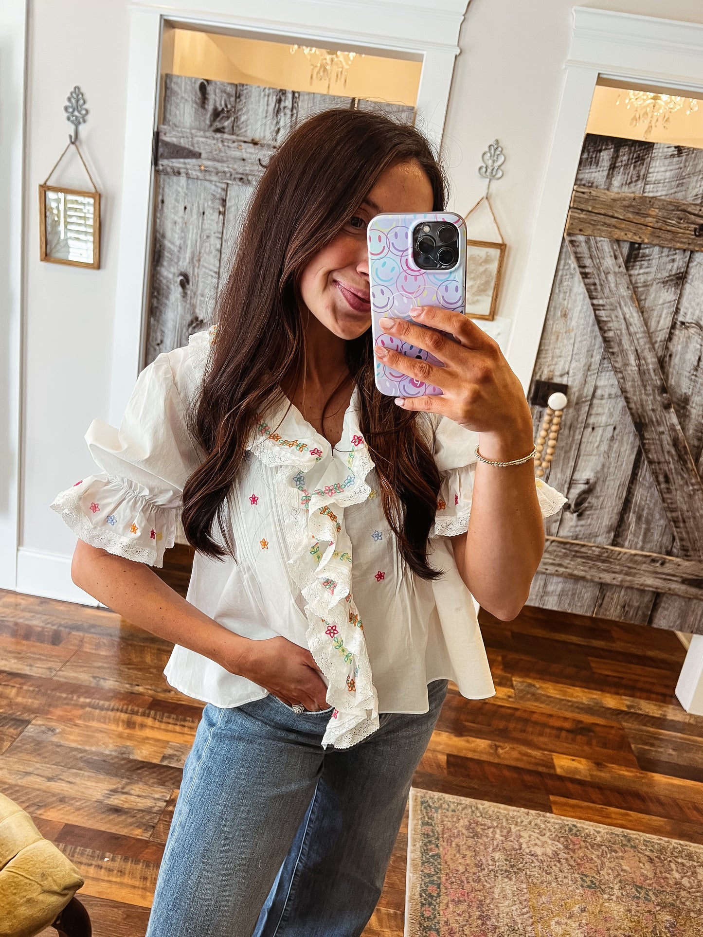 Floral Embroidery Ruffle Trim Blouse