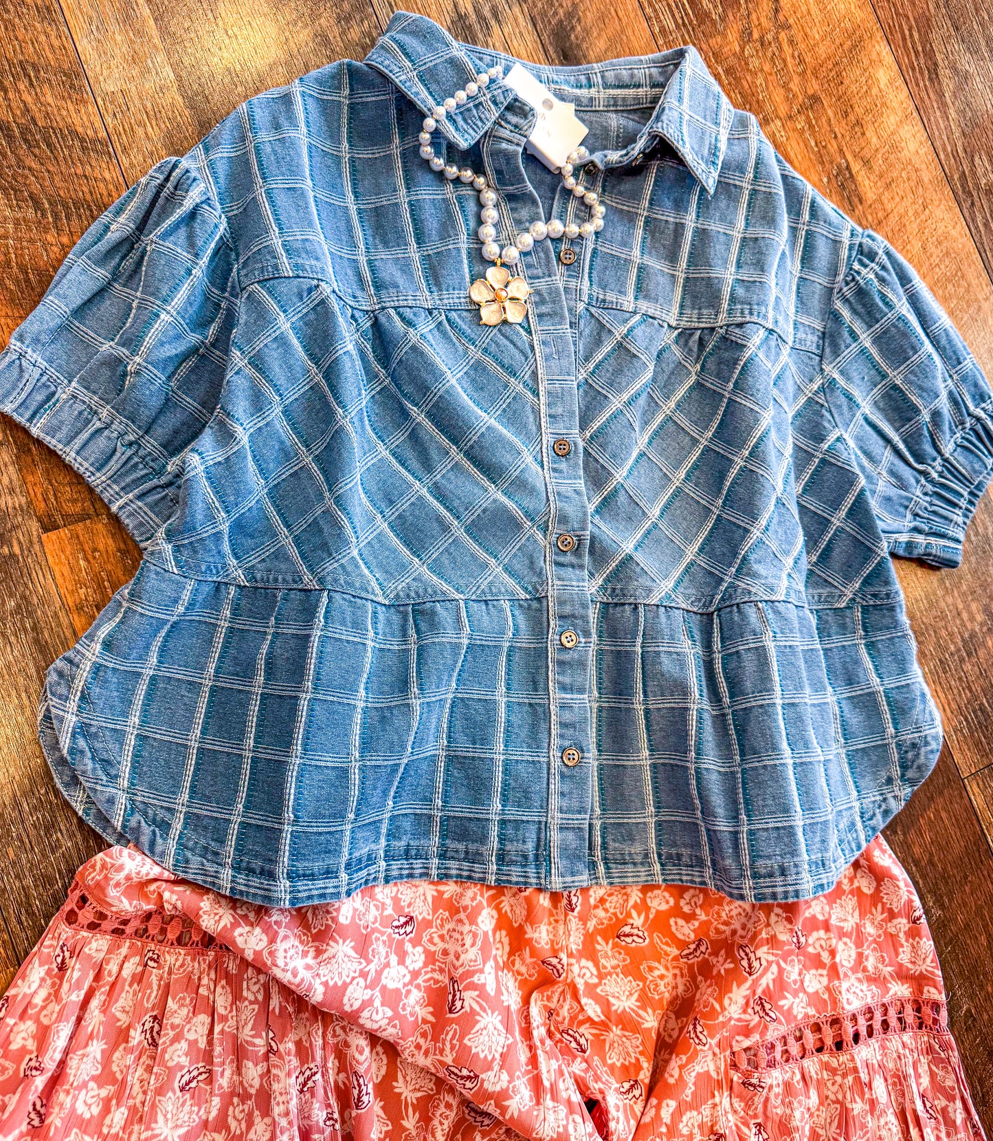 Checkered Denim Button Down Top