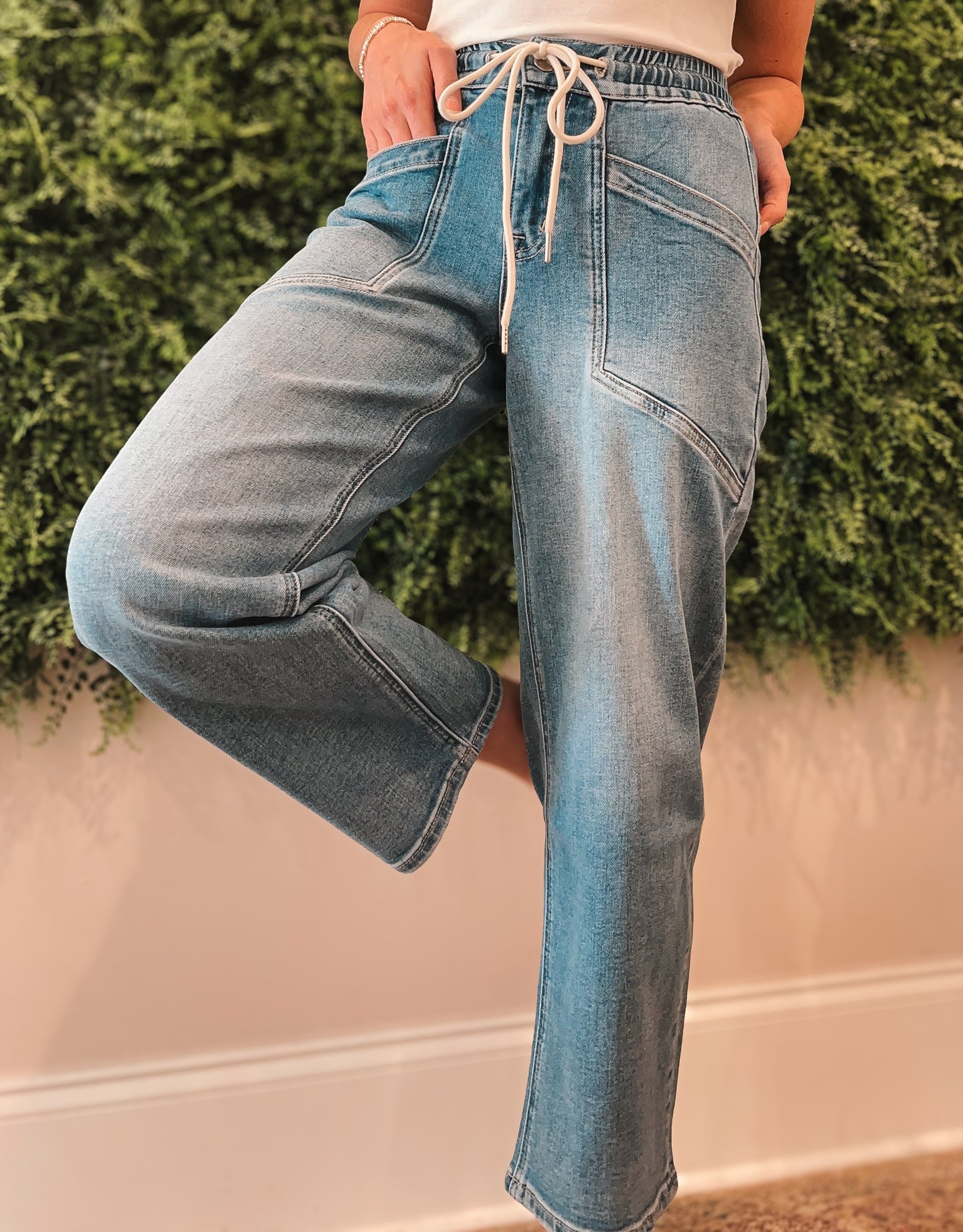 High Rise Elastic Waist Barrel Jeans