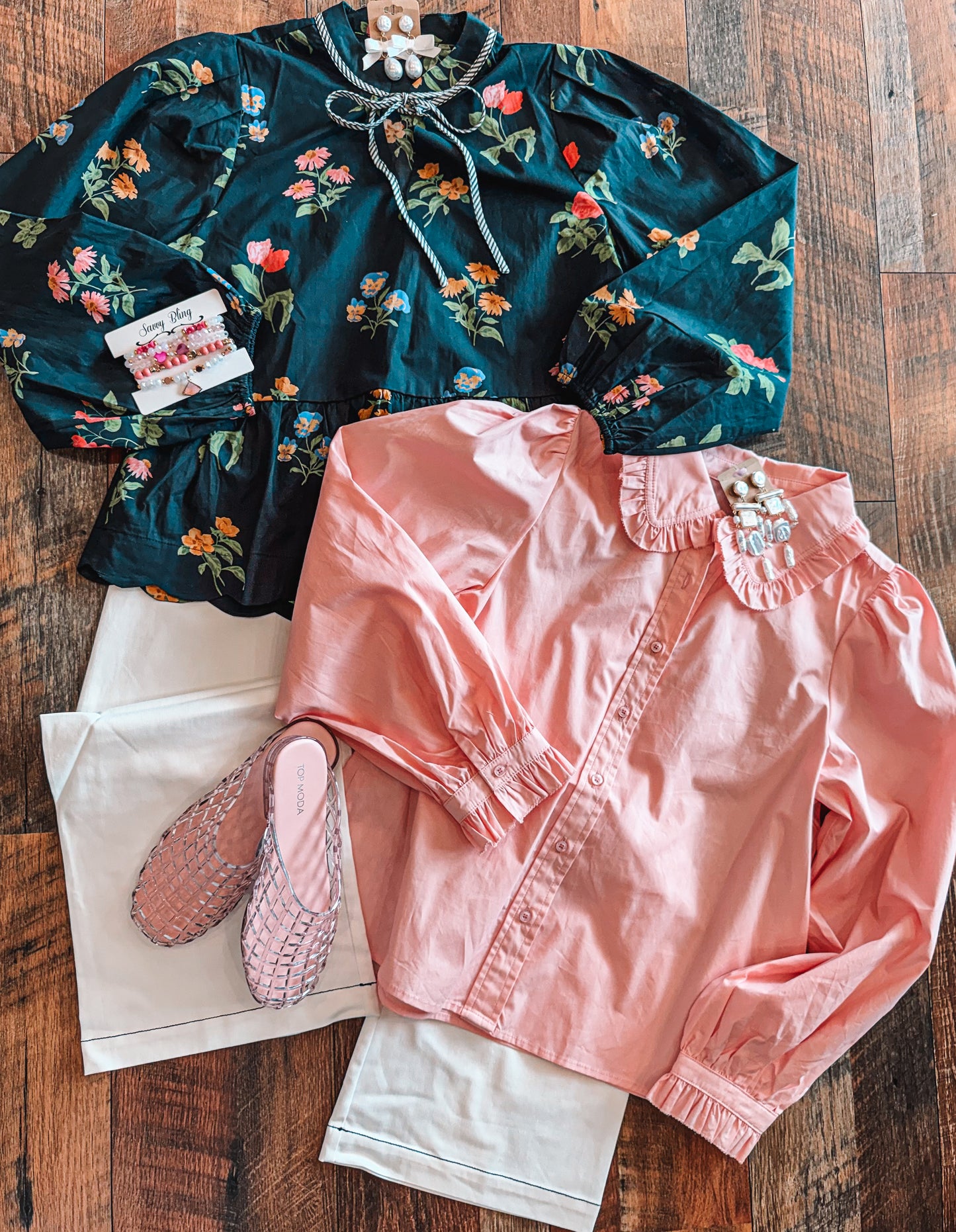 Ruffle Accent Button Down Top