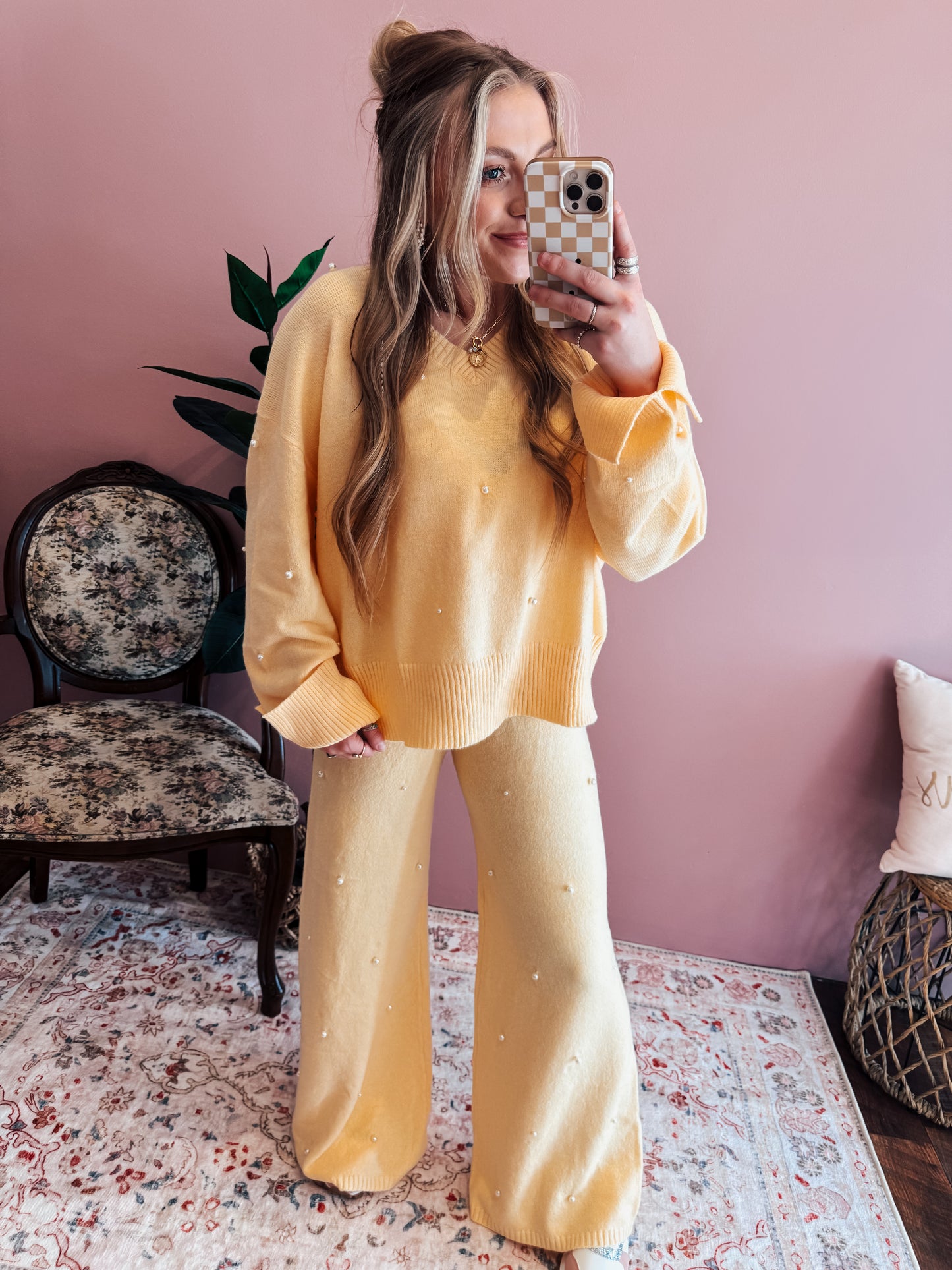 {FINAL SALE} Yellow Knit Pearl Pants