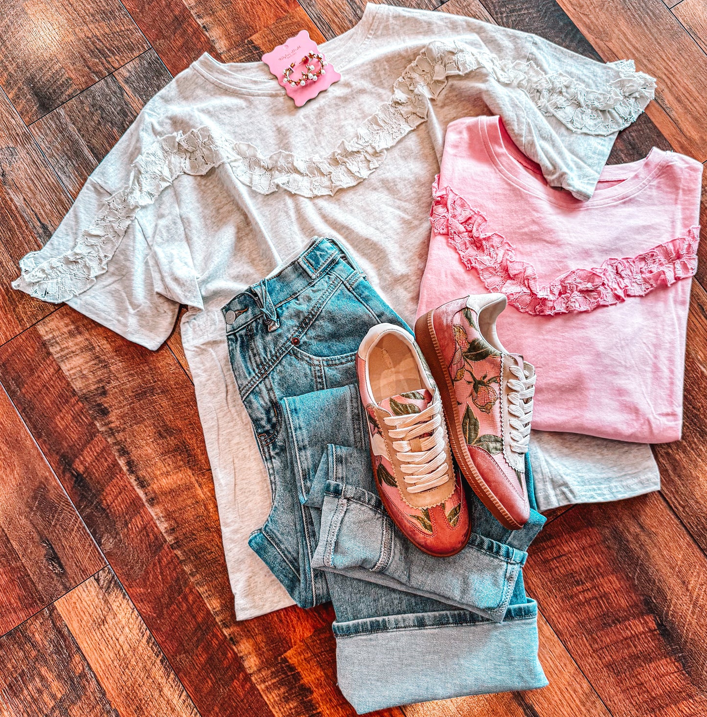 Ruffled Lace Trim Boxy Tee
