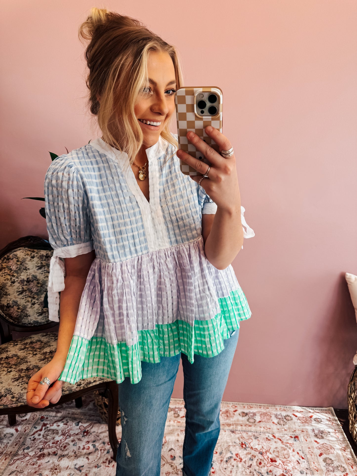 {FINAL SALE} V-Neck Gingham Puff Sleeve Top