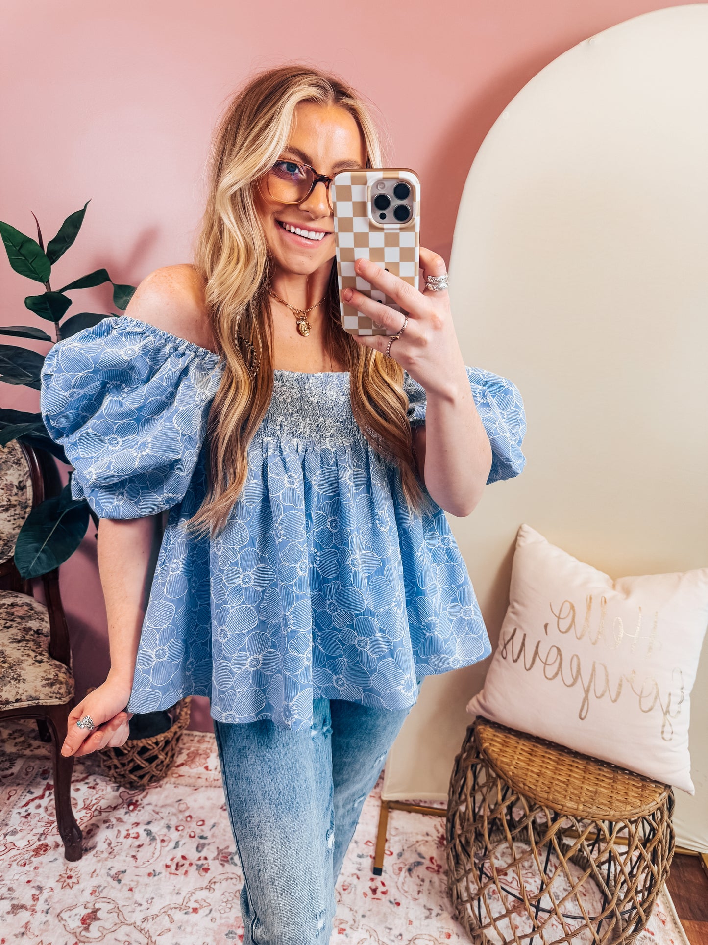 Floral Puff Sleeve Smocked Top