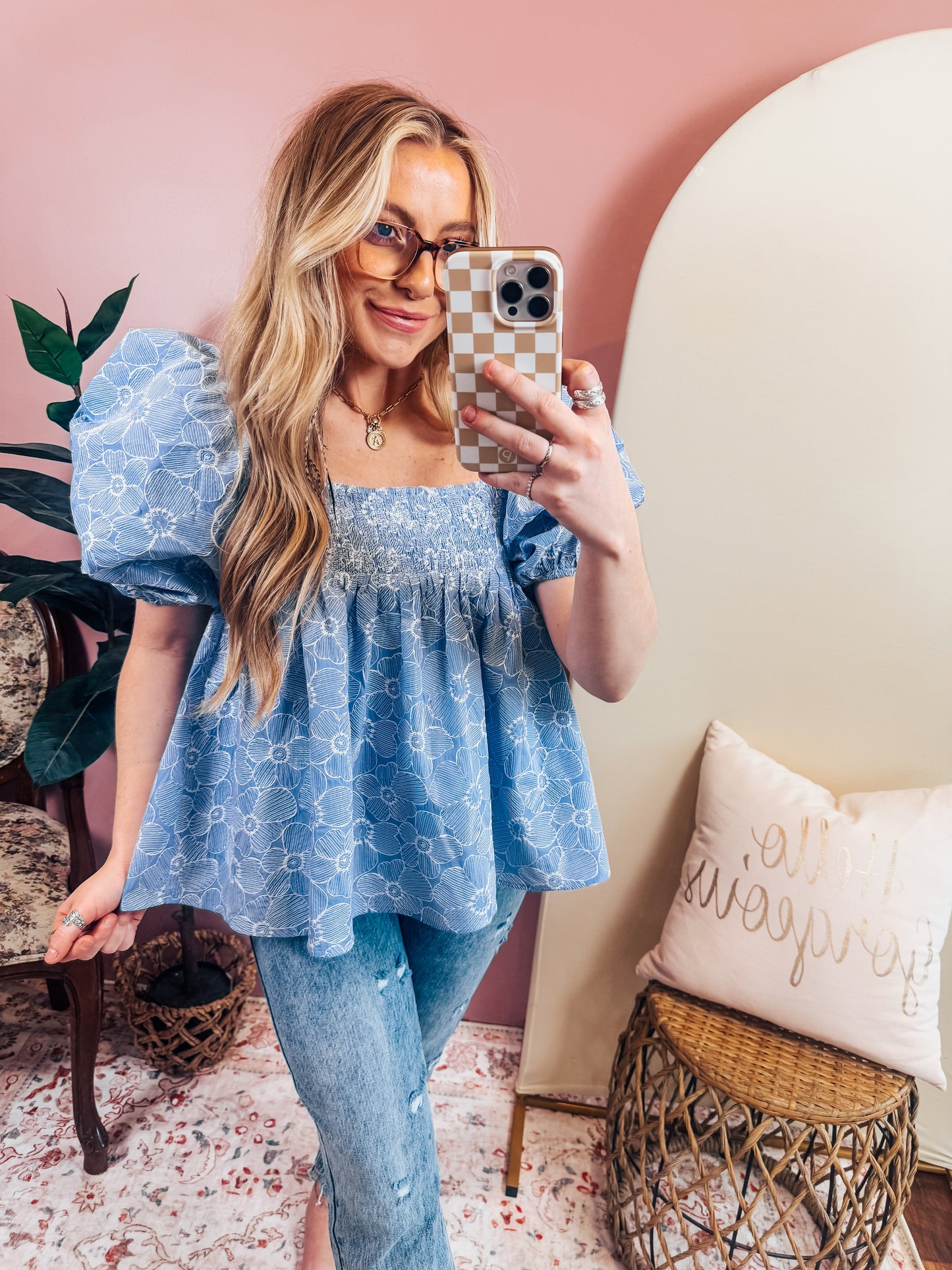 Floral Puff Sleeve Smocked Top