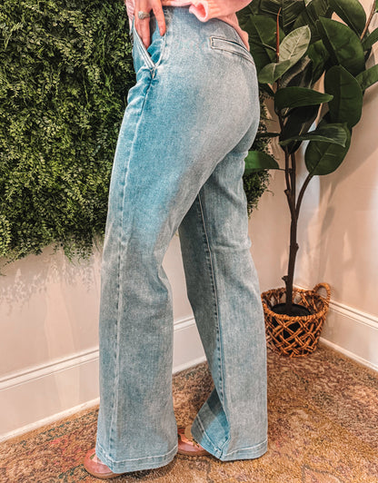 High Rise Double Button Wide Jeans