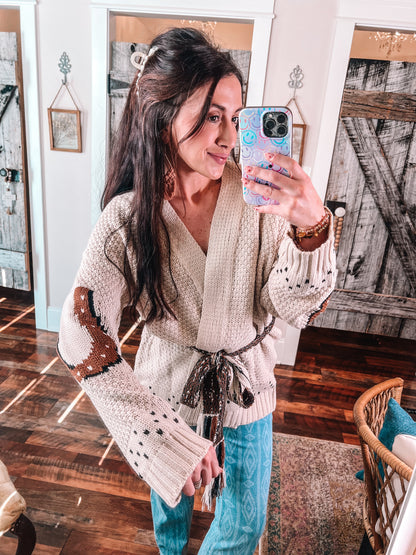 Horse Patched Cardigan with Belt