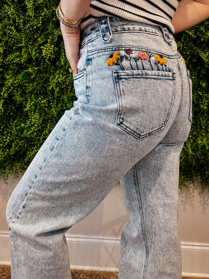 Flower Pocket Wide Leg Jeans