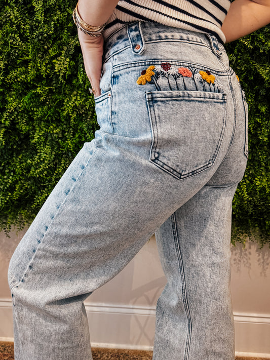 Flower Pocket Wide Leg Jeans