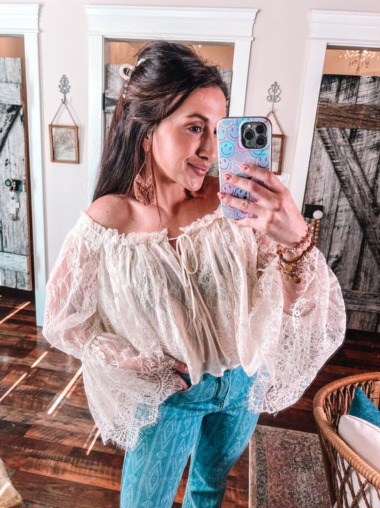 3/4 Sleeve Front Tie Lace Top