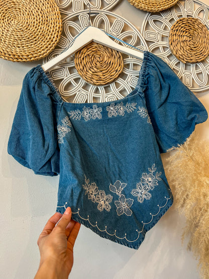 Floral Embroidered Denim Top