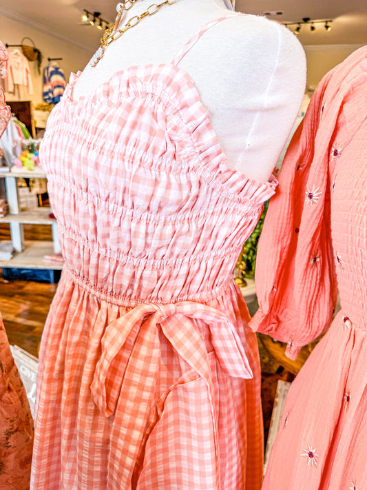 Checkered Smocked Midi Dress