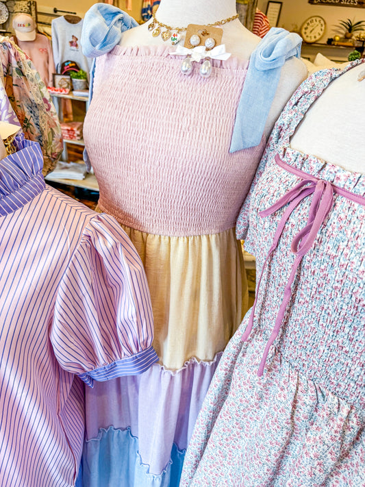 Color Block Smocked Linen Tiered Maxi Dress