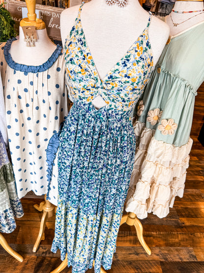 Mixed Print V-Neck Floral Midi