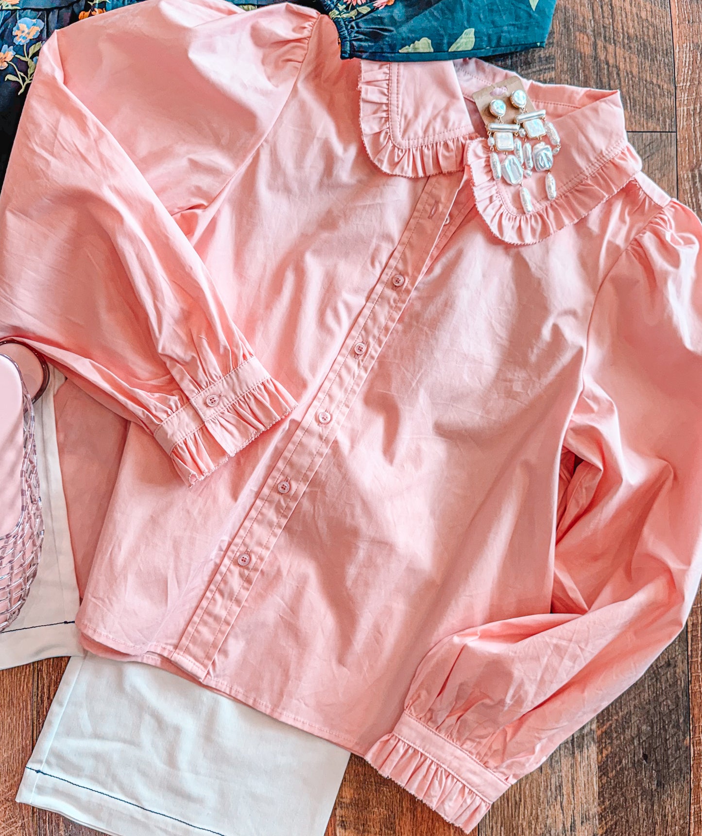 Ruffle Accent Button Down Top