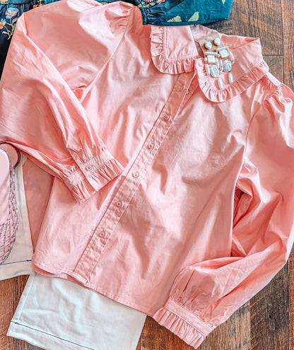Ruffle Accent Button Down Top