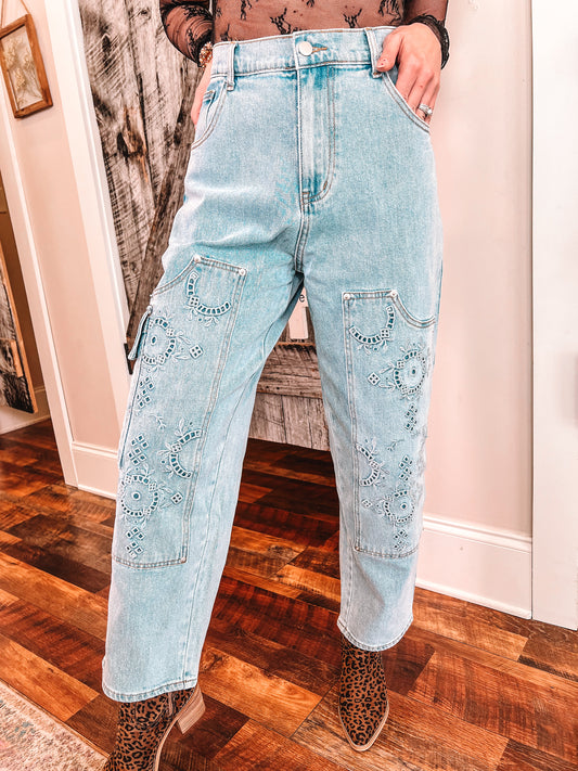 Western Embroidered Cargo Barrel Jeans