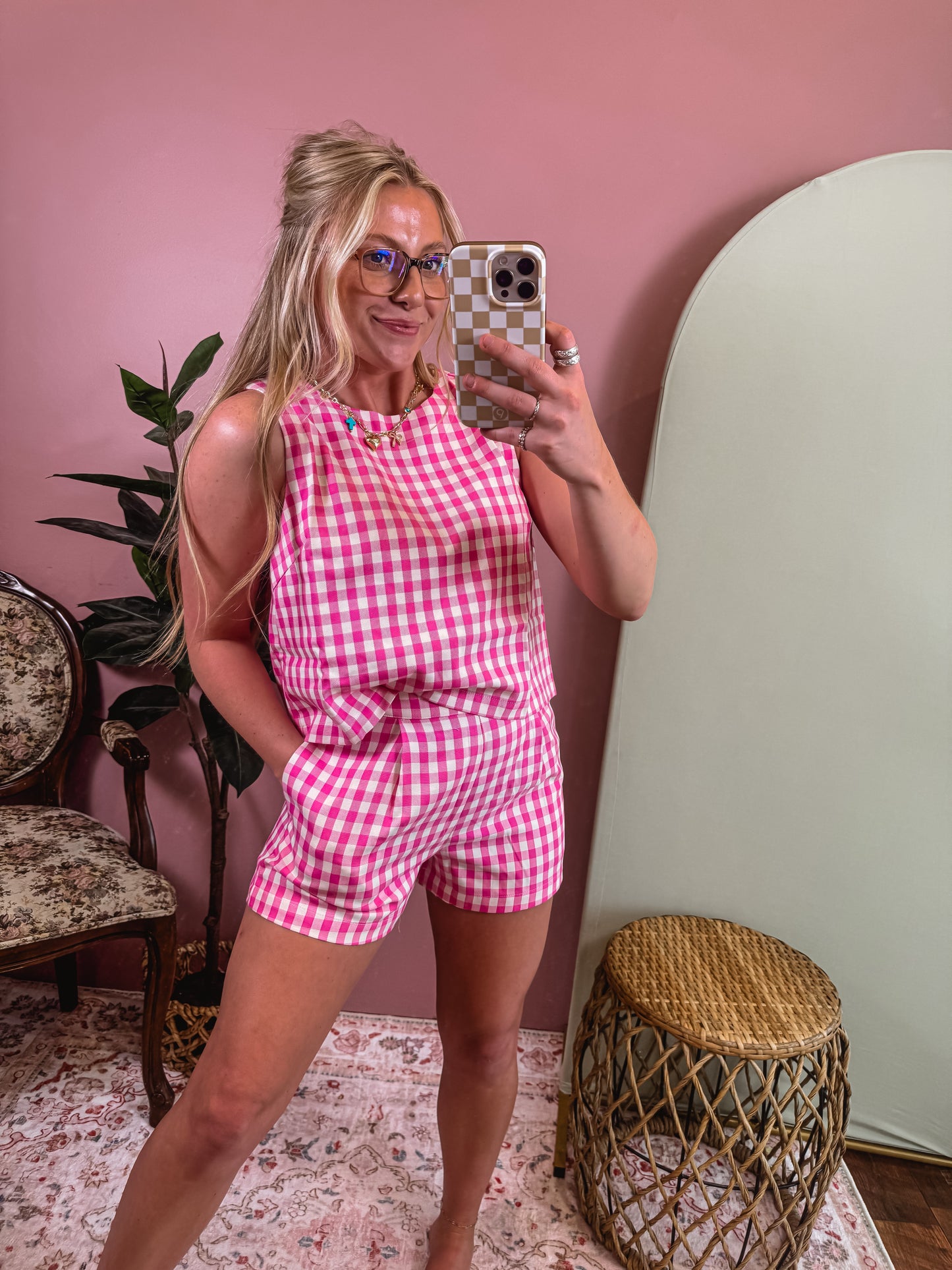 Pink Gingham Tank Set