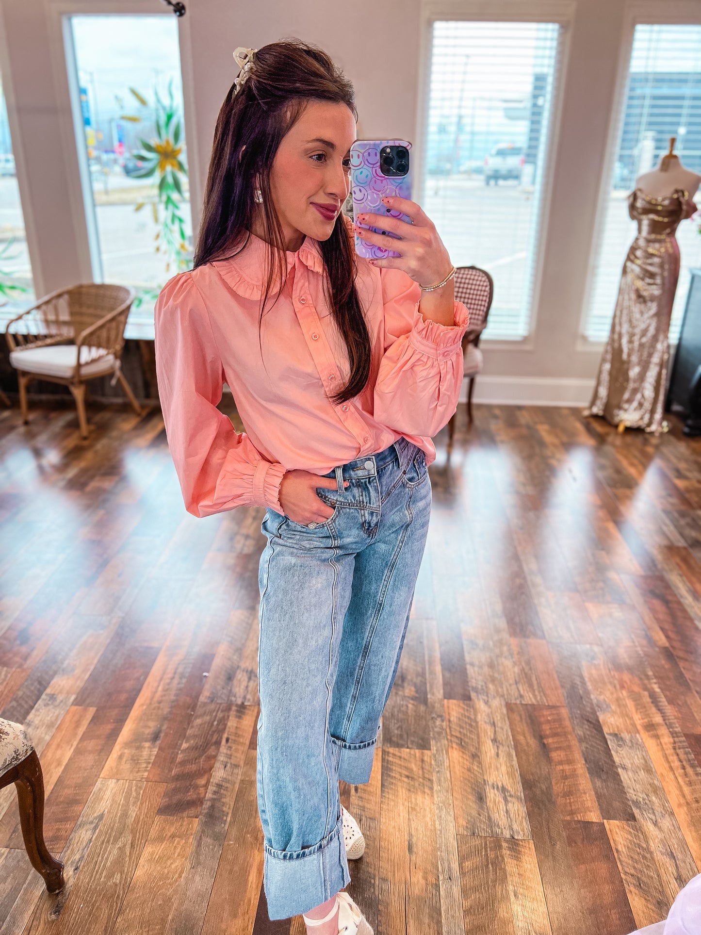Ruffle Accent Button Down Top