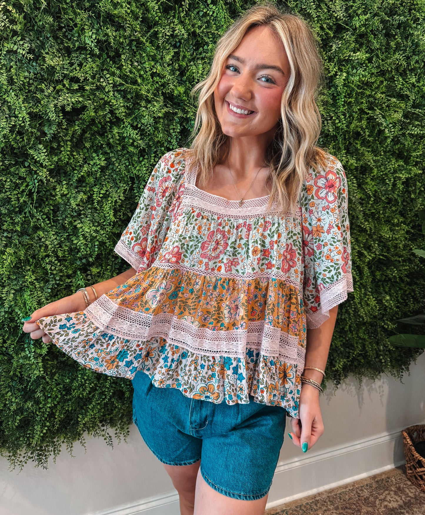 Floral Lace Trim Tiered Top