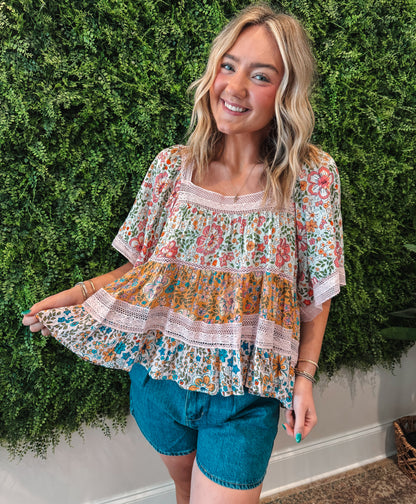 Floral Lace Trim Tiered Top