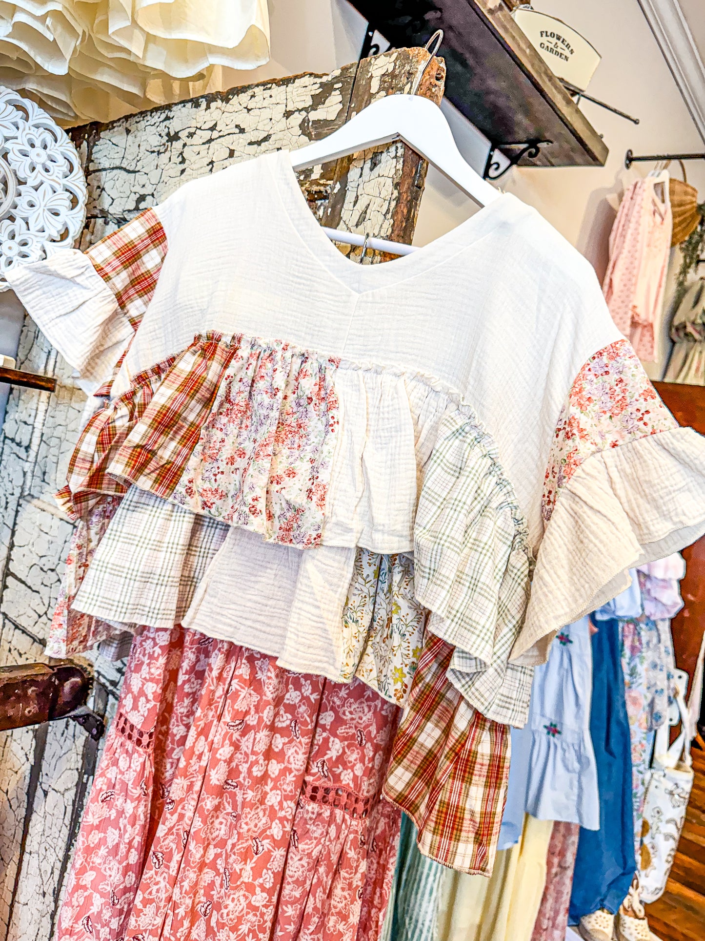 Vintage Patchwork Ruffle Hem Top