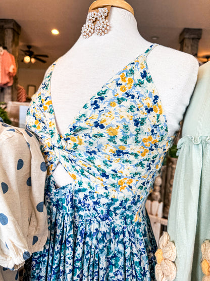 Mixed Print V-Neck Floral Midi