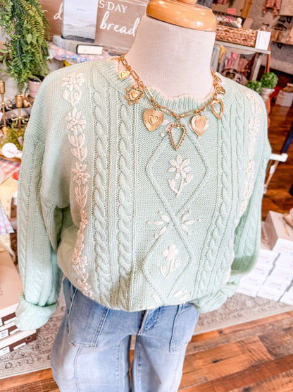 Floral Embroidered Cable Knit Sweater