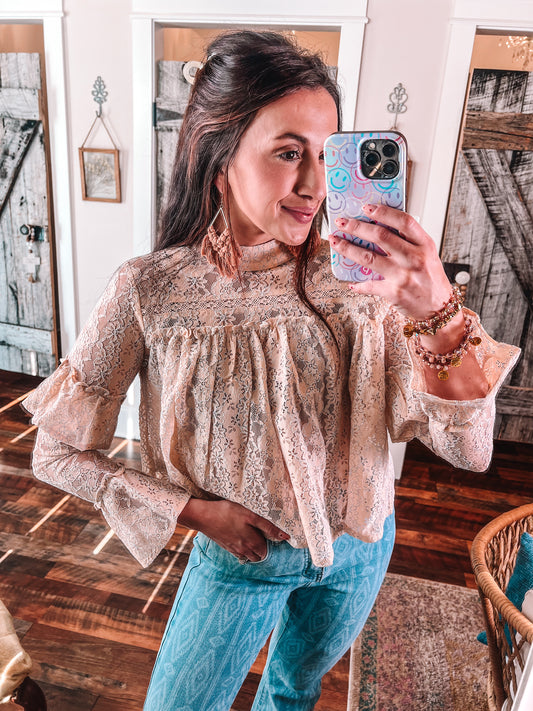 Long Sleeve High Neck Lace Top