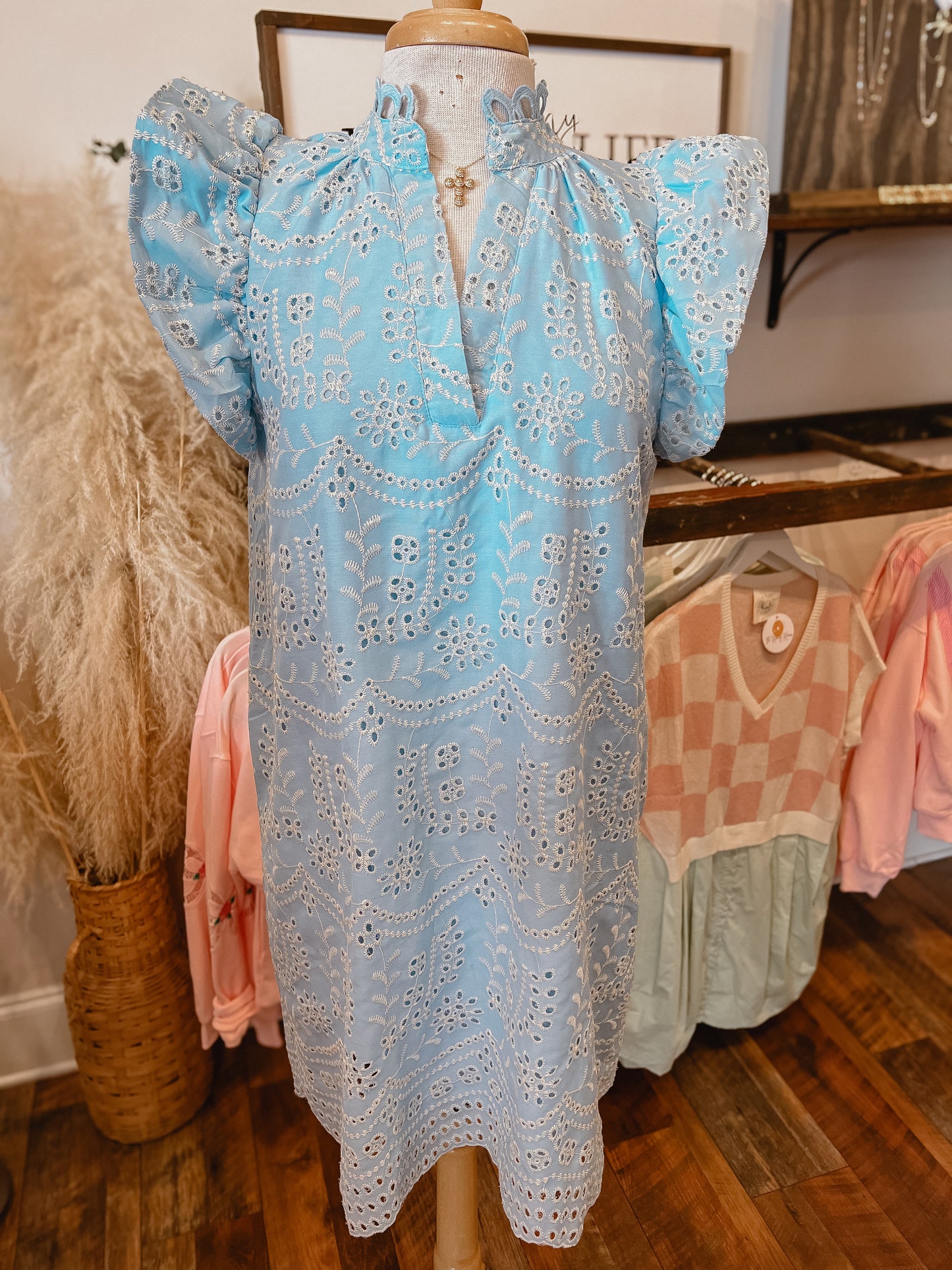 Eyelet V-Neck Mini Dress