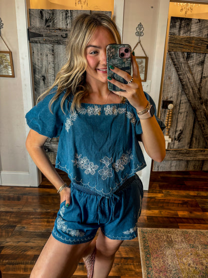Floral Embroidered Denim Top