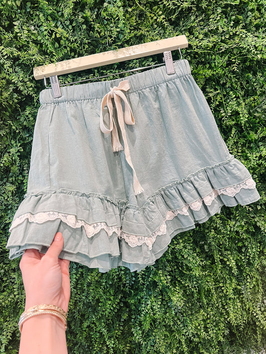 Lace Trimmed Ruffle Shorts