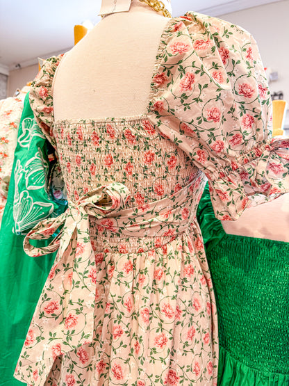 Floral Print Puff Sleeve Bow Tie Midi Dress