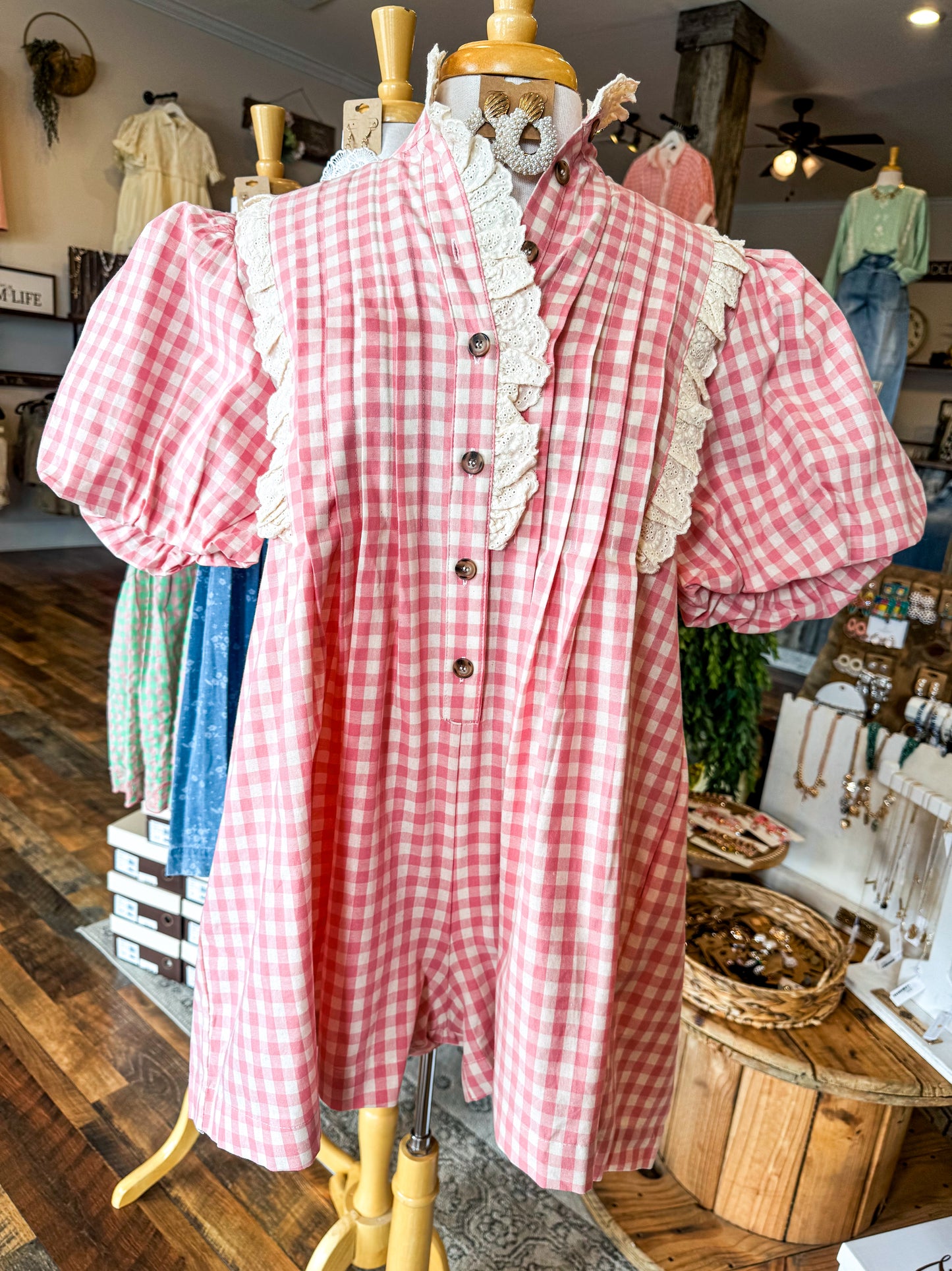 Gingham Lace Trim Romper