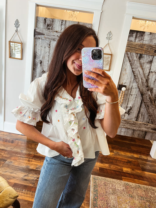 Floral Embroidery Ruffle Trim Blouse