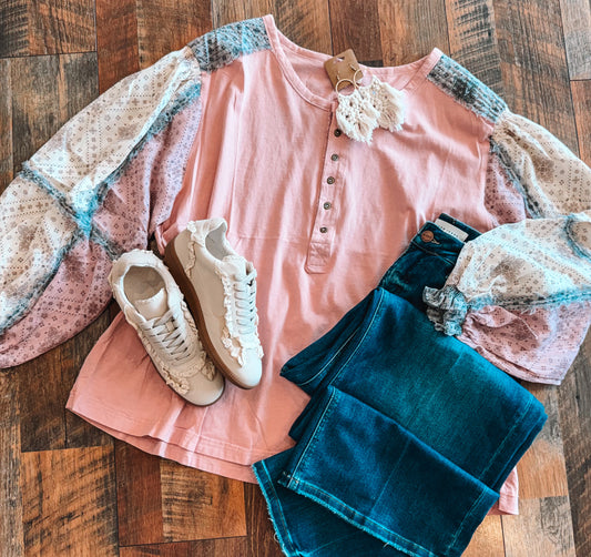 Curvy Contrast Sleeve Button Down