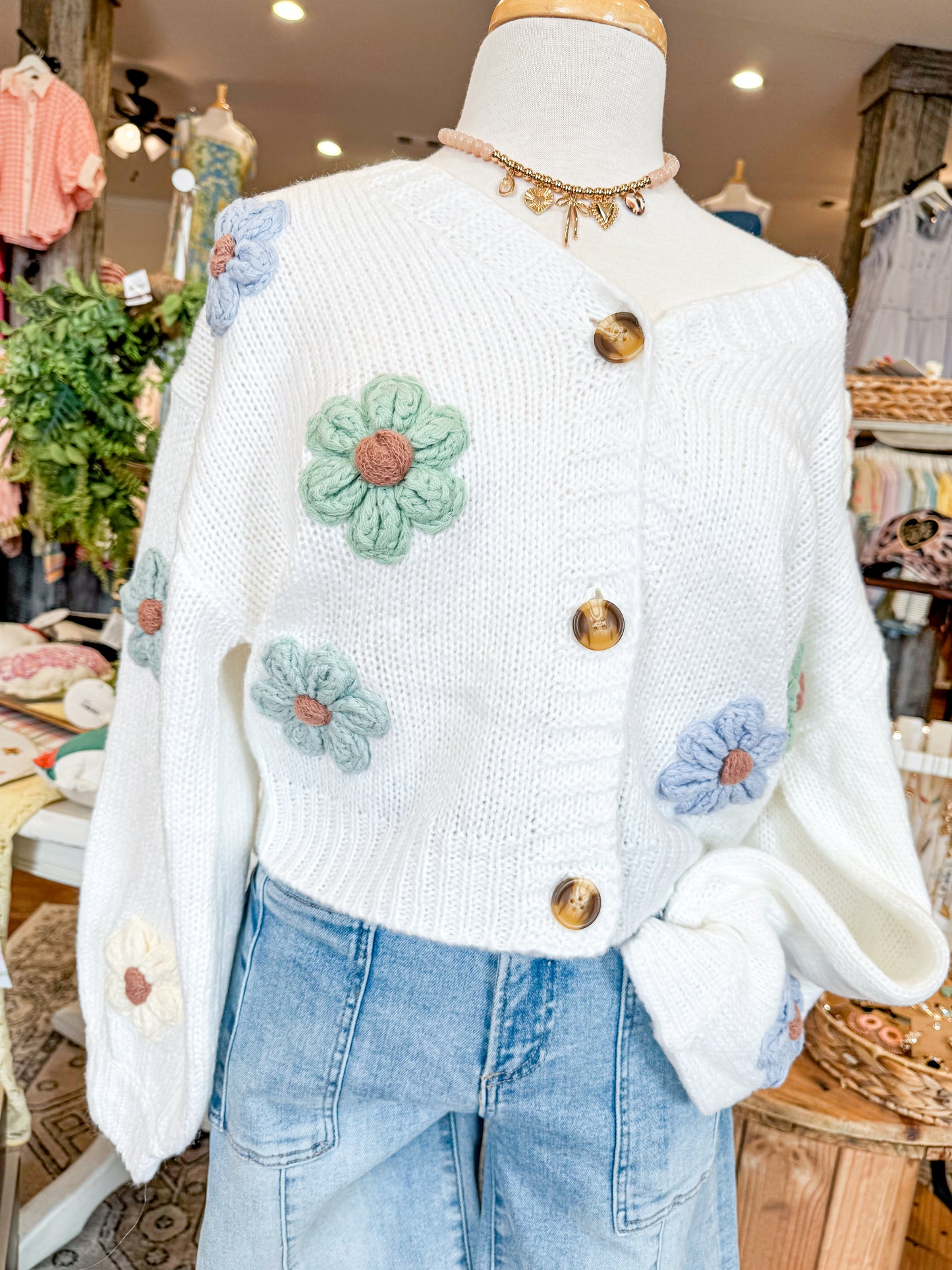 Knitted Floral Applique Cardigan
