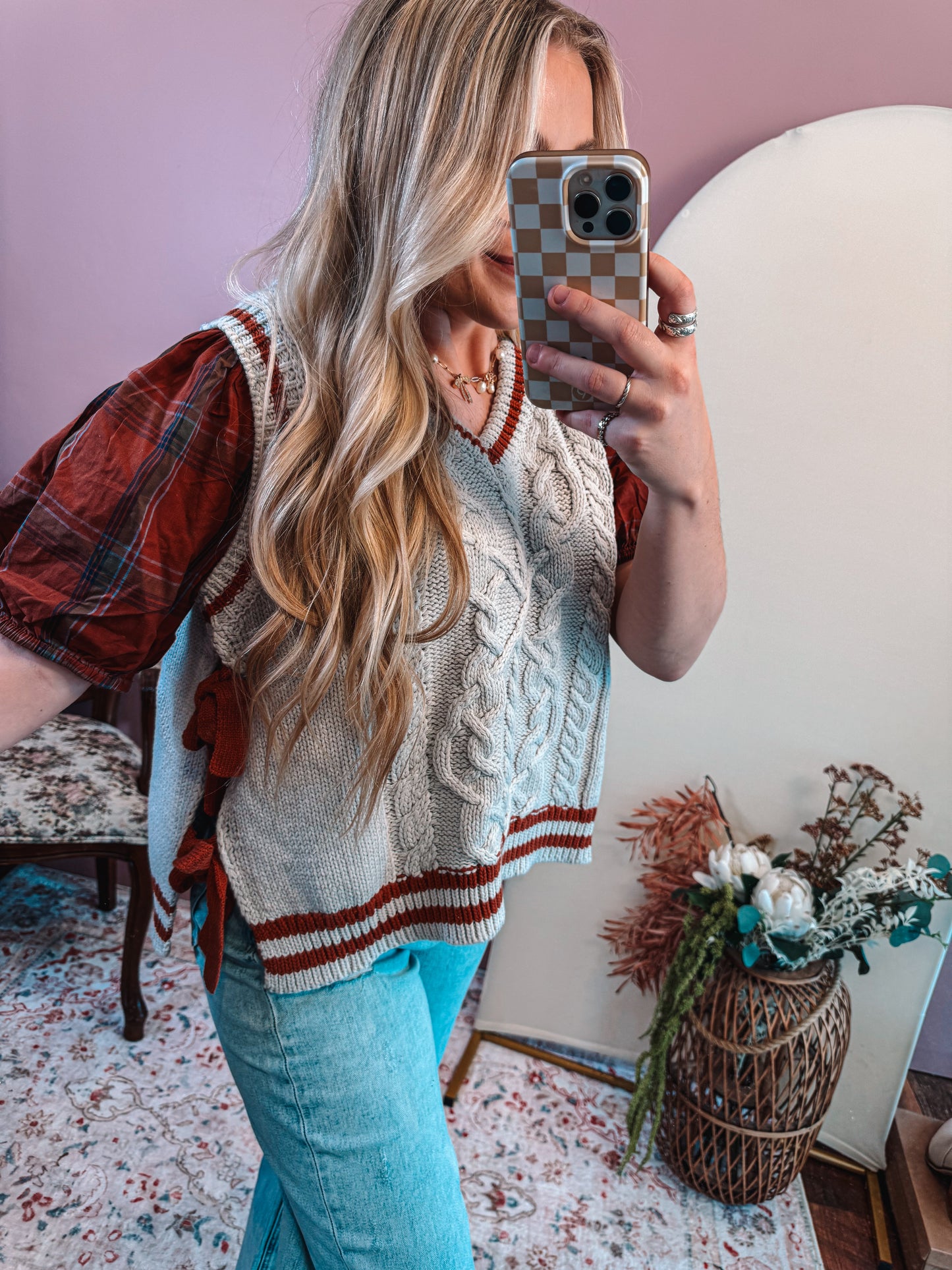 Plaid Sleeved Sweater Vest