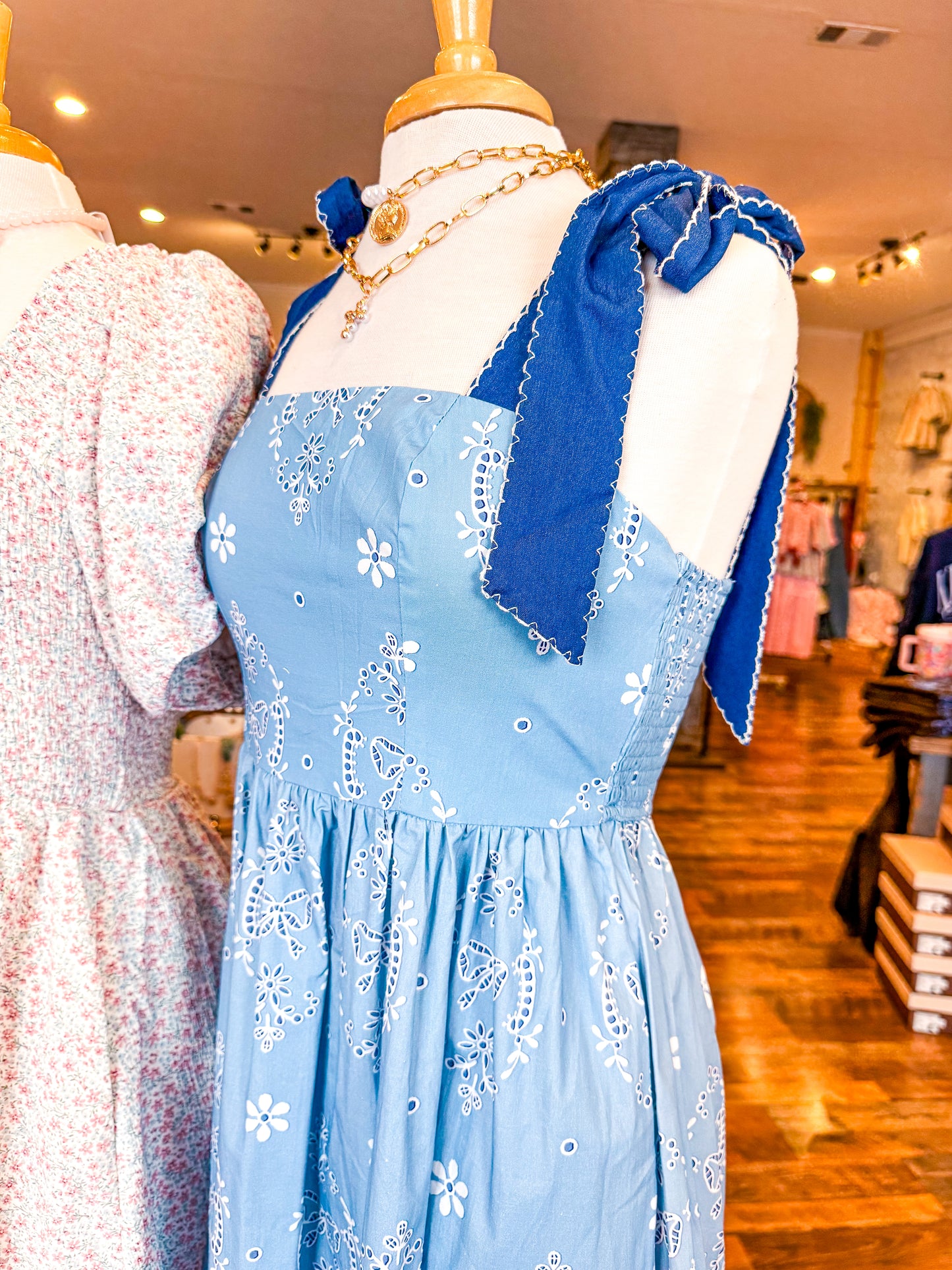 Scallop Embroidery Strap Eyelet Printed Midi