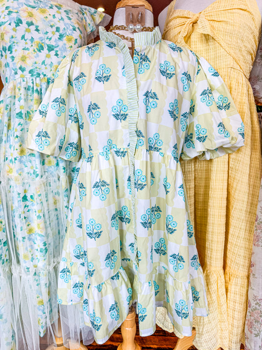 Semi Button Stripe Plaid Floral Bubble Mini Dress