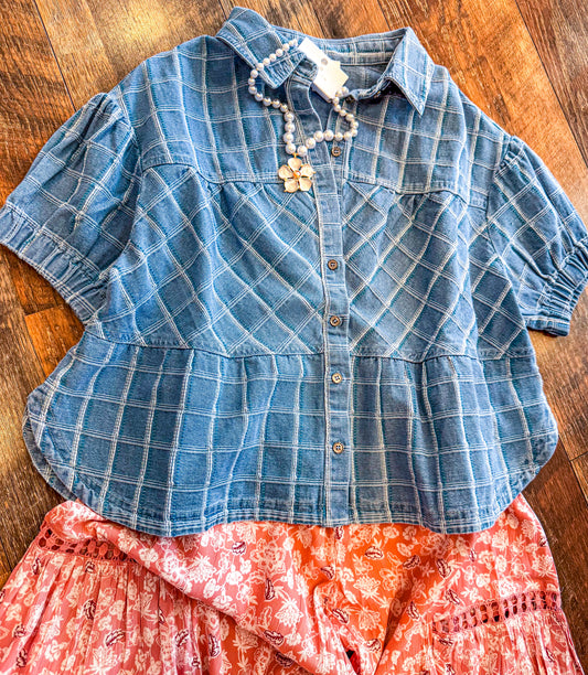 Checkered Denim Button Down Top