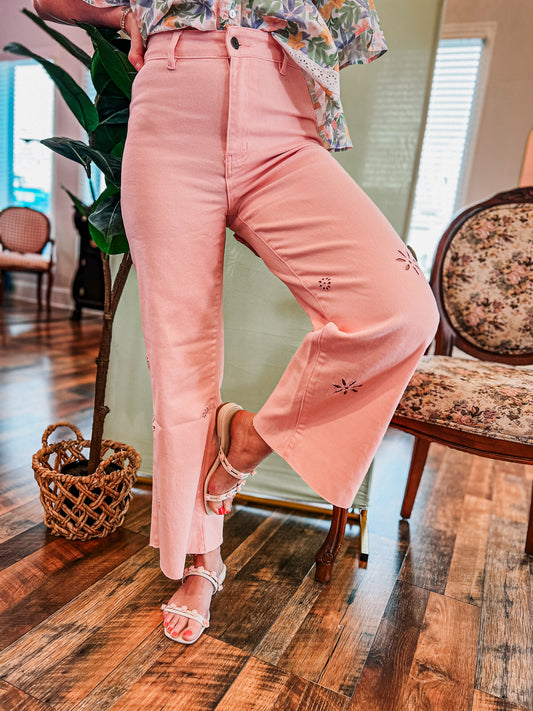 Eyelet Embroidery Detail Wide Leg Pants