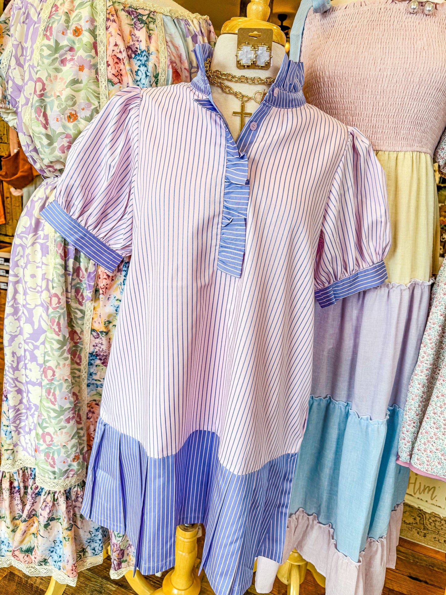 Pleat Hem Detail Stripe Dress
