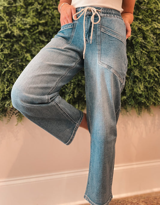 High Rise Elastic Waist Barrel Jeans