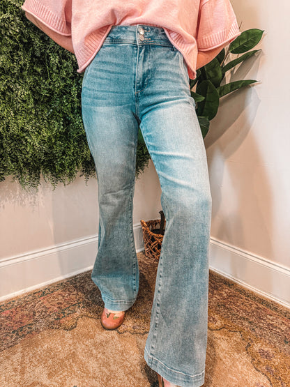 High Rise Double Button Wide Jeans