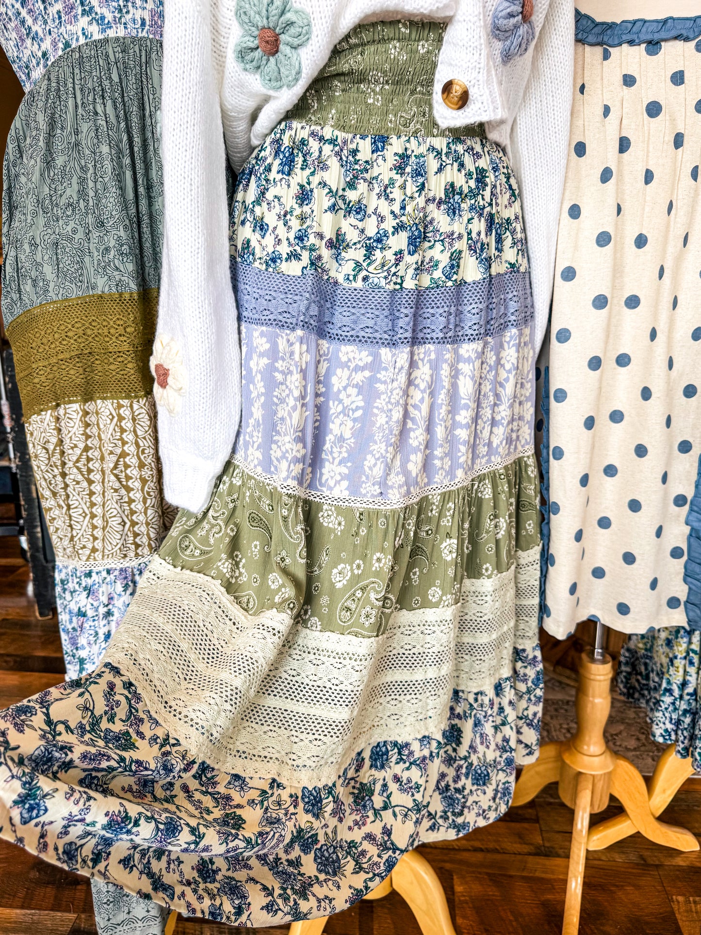 Lace + Mixed Print Midi Skirt
