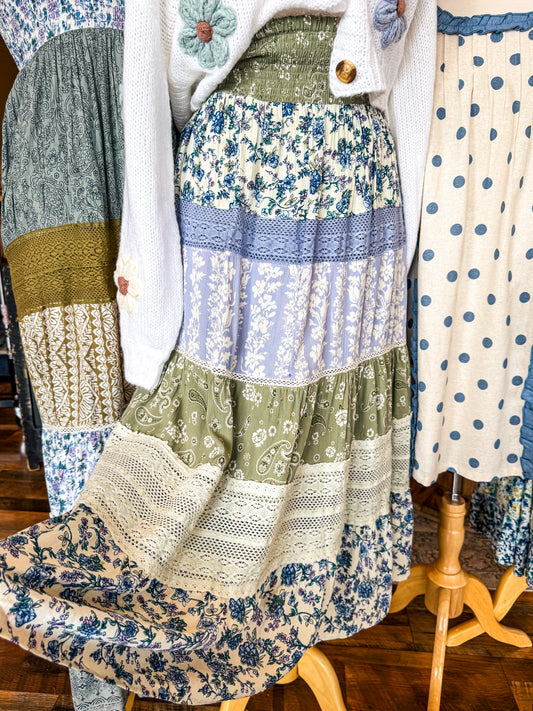 Lace + Mixed Print Midi Skirt