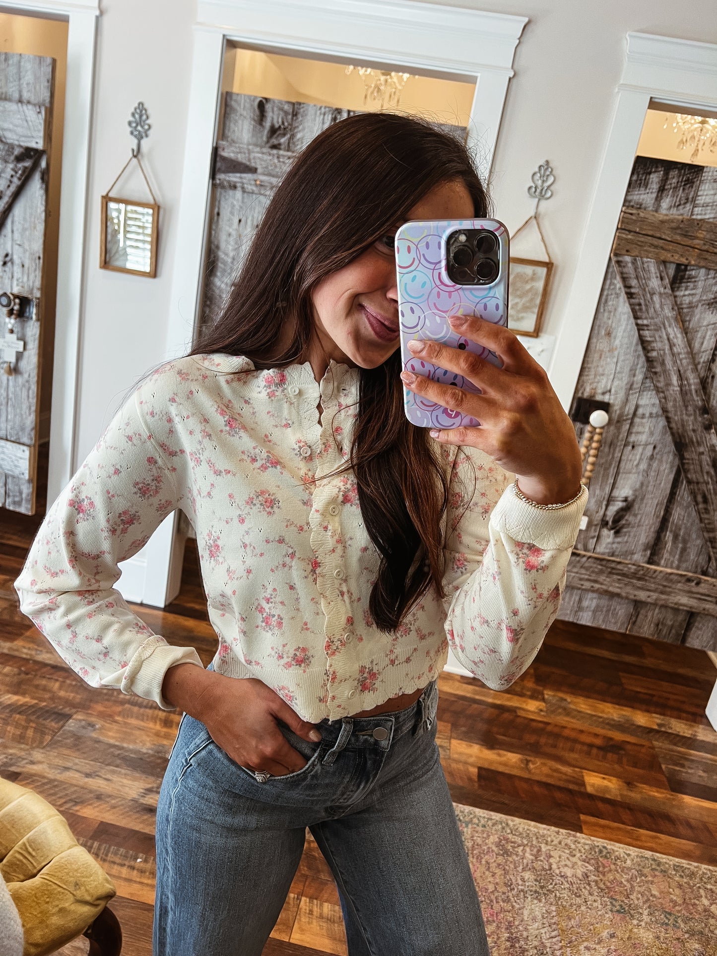 Floral Scallop Trim Button Cardigan