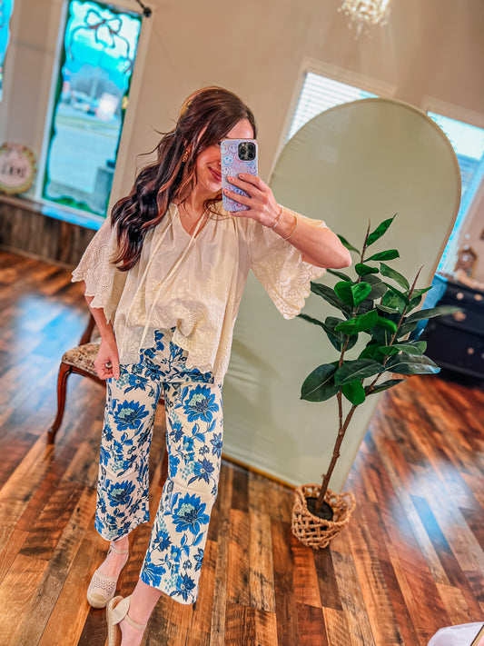 Floral Eyelet Scalloped Blouse